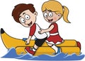 Child Couple Riding Banana Boat Color Illustration Royalty Free Stock Photo