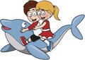 Child Couple Riding Dolphin Cartoon Color Illustration Royalty Free Stock Photo