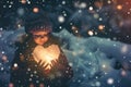 A Child Cradles A Luminous Heart Amidst A Snowy Night Symbolizing Compassion
