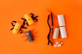 Child creates decorations for Halloween party from toilet roll. Easy eco-friendly DIY master class, craft for kids. Materials for