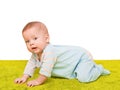 The child creeps on a soft green carpet