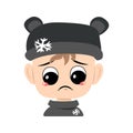Child with crying and tears emotion, sad face, depressive eyes in bear hat with snowflake