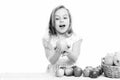 Child, cute baby happy girl with colorful fruits in basket Royalty Free Stock Photo