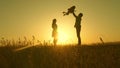 Child, dad and mom play in the meadow in the sun. concept of a happy childhood. mother, father and little daughter Royalty Free Stock Photo