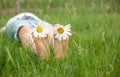 Child with daisy lying in sunny meadow and relaxing in summer sunshine Royalty Free Stock Photo