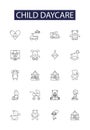 Child daycare line vector icons and signs. Childcare, Nursery, Preschool, Infant, Toddler, Babysitting, Kids, Early