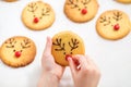 Child decorates homemade reindeer cookies