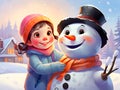 Child Decorates the Snowman with a Carrot Nose and Coal Eyes. Ai generated