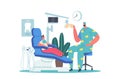 Child at Dentist Office. Little Girl Patient at Dental Clinic for Kids, Male Doctor in Funny Medic Robe Sitting at Chair Royalty Free Stock Photo