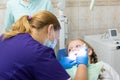 A child at a dentist`s appointment in a dental clinic.