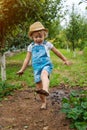 a child in the dirt in the garden holds the soil in his hands. Selective focus. Royalty Free Stock Photo