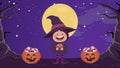 child disguised as witch with candies pumpkins