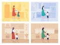 Child distracts mother flat color vector illustration set