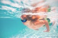 Child dives into the water in swimming pool. little kid swim underwater in pool. Child swimming underwater in sea or Royalty Free Stock Photo