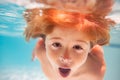 Child dives into the water in swimming pool. little kid swim underwater in pool. Child swimming underwater in sea or