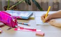 The child does his homework. Selective focus. Royalty Free Stock Photo