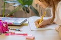 The child does his homework. Selective focus. Royalty Free Stock Photo