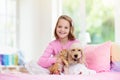 Child, dog and cat. Kids play with puppy, kitten Royalty Free Stock Photo