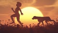 Child and a dog on the field at sunset Royalty Free Stock Photo