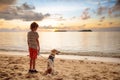 Child and dog playing on tropical beach Royalty Free Stock Photo