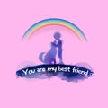 Child with dog silhouette on watercolor background. The concept of trust, friendship and pet care. Digital art painting. Vector