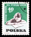 Child doing homework, 1000 schools on 1000th Anniversary of Poland serie, circa 1959