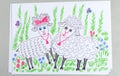 Child doodle of pair of cute sheeps on lawn with green grass and flowers