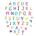 Child drawing of alphabet font made with wax crayons.