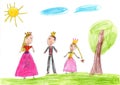 Child drawing beautiful Prince and Princess. Pencil art in childish style