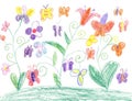 Child drawing butterfly and flowers nature