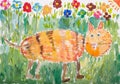 Child drawing: cat walking on green grass