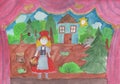 Child drawing of a character from the fairy tale Little Red Riding Hood with a wolf