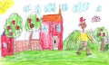 Child drawing of a cheerful child in an apple orchard on a farm. Pencil art in childish style Royalty Free Stock Photo