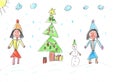 Child drawing. Children play with snow outside christmas tree.Vacation, holiday, New year, Christmas Royalty Free Stock Photo