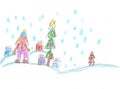 Child drawing. Children play with snow outside christmas tree.Vacation, holiday, New year, Christmas Royalty Free Stock Photo