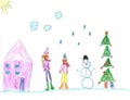 Child drawing. Children play with snow outside christmas tree.Vacation, holiday, New year, Christmas Royalty Free Stock Photo