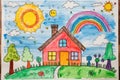 Child drawing, colorful crayons, naive style, family house illustration, Royalty Free Stock Photo