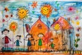 Child drawing, colorful crayons, naive style, family house illustration, Royalty Free Stock Photo