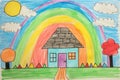 Child drawing, colorful crayons, naive style, family house illustration, Royalty Free Stock Photo