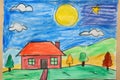 Child drawing, colorful crayons, naive style, family house illustration, Royalty Free Stock Photo