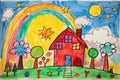 Child drawing, colorful crayons, naive style, family house illustration, Royalty Free Stock Photo