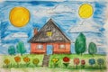 Child drawing, colorful crayons, naive style, family house illustration, Royalty Free Stock Photo