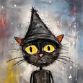 A child drawing of a cute black cat wearing a hat in halloween season. Hand painted watercolor charactor clipart cartoon style