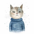A child drawing of a cute cat dressed in a warm blue knitted sweater. Hand painted watercolor cartoon style illustration