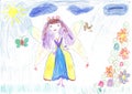 Child drawing fairy flying on a flower Royalty Free Stock Photo
