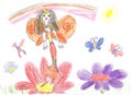 Child drawing fairy flying on a flower Royalty Free Stock Photo