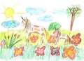 Child drawing of a fairy tale unicorns grazing on the meadow