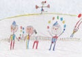 Child drawing of funny clowns and circus performers Royalty Free Stock Photo