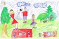 Child drawing of a happy Sports Family with kids,having fun outdoor Royalty Free Stock Photo