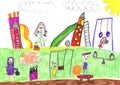 Child drawing of a happy Sports Family with kids,having fun outdoor Royalty Free Stock Photo